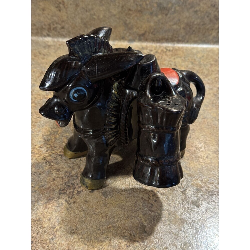 Vintage Donkey Salt & Pepper Shakers Mule Saddle Bag Japan chip bottom shaker
